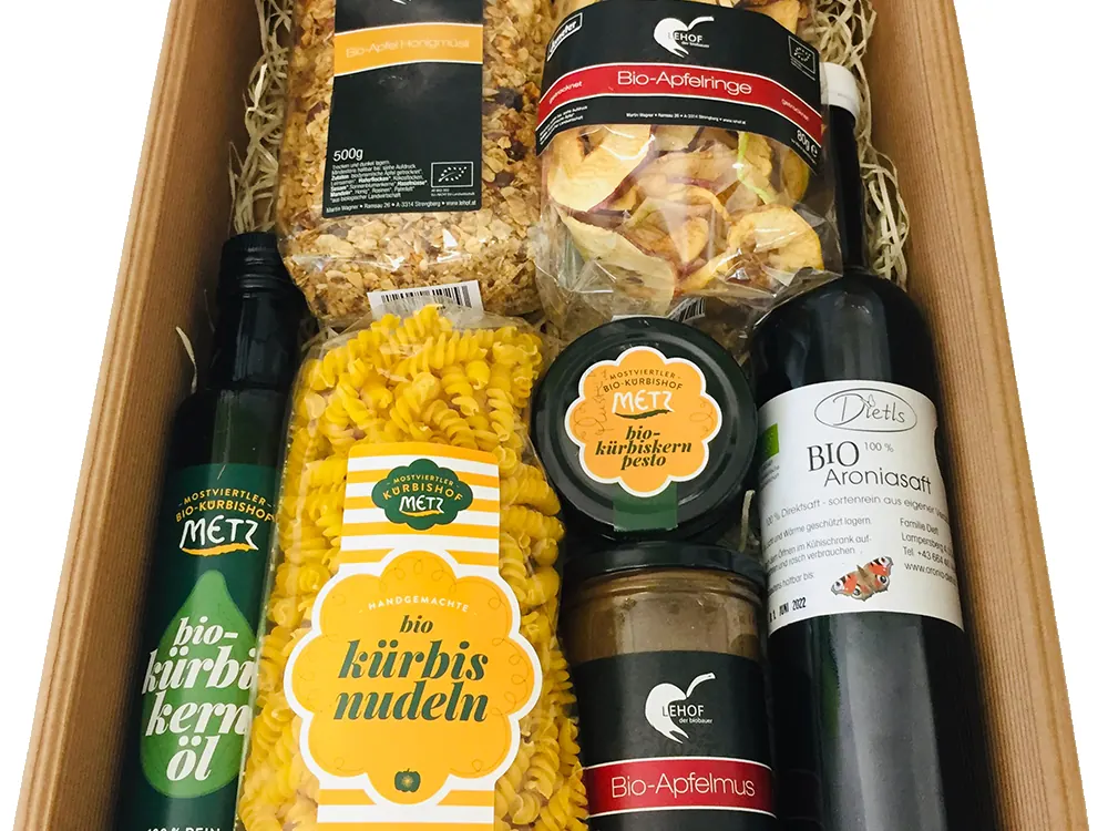 G’SUNDE Bio-Geschenkbox ohne Alkohol mit Kürbiskernöl, Kürbisnudeln, Pesto, Aroniasaft und Apfelmus