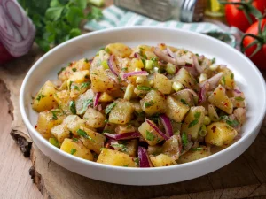 Steirischer Erdäpfelsalat mit roter Zwiebel und Schnittlauch in einer weißen Schüssel
