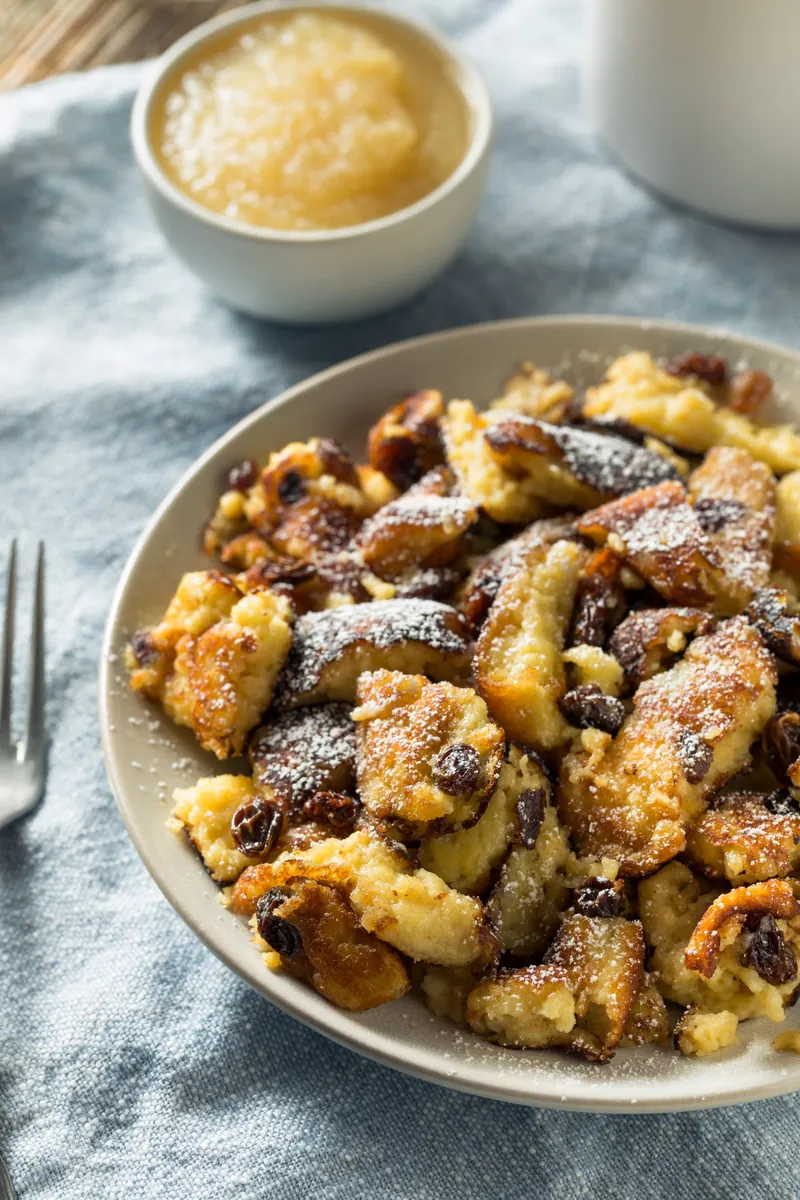 Kaiserschmarrn mit Rosinen und einer kleinen Schüssel Apfelmus